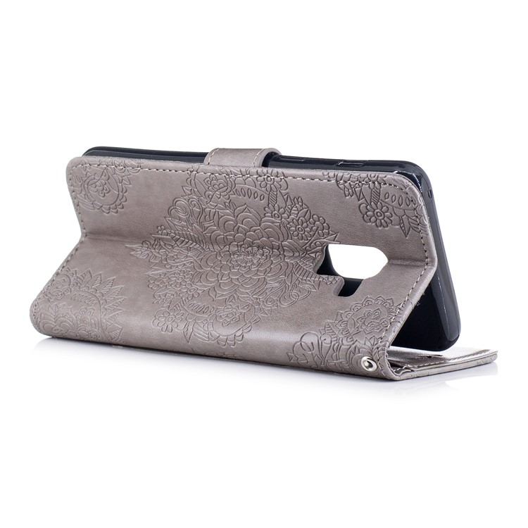Imprint Flower Pattern Leather Wallet Case for Samsung Galaxy A8 (2018) - Grey-3