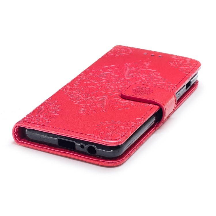 Imprint Flower Pattern Leather Wallet Cover for Samsung Galaxy A8 (2018) - Red-5
