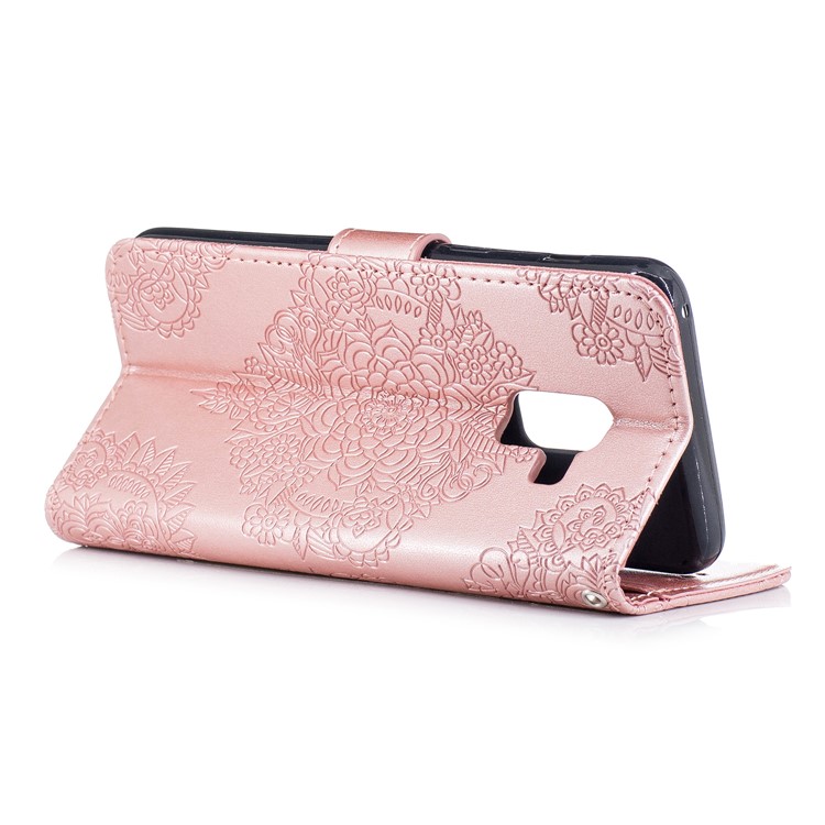 Imprint Flower Pattern Leather Wallet Shell Case for Samsung Galaxy A8 (2018) - Rose Gold-3