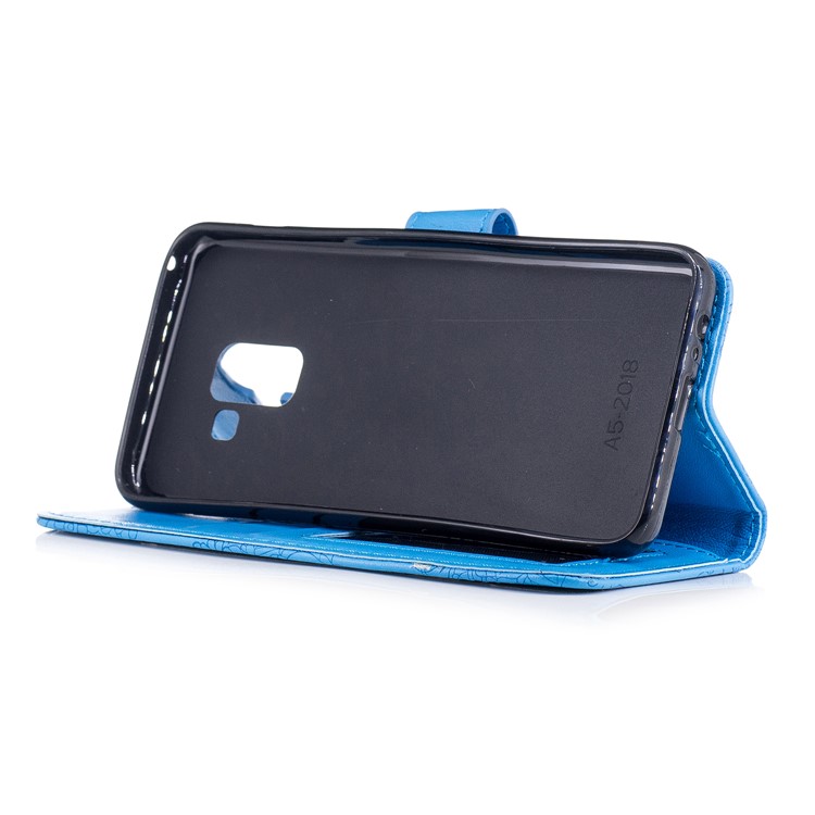Imprint Flower Pattern Wallet Leather Stand Case for Samsung Galaxy A8 (2018) - Blue-4