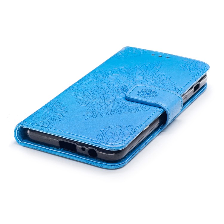 Imprint Flower Pattern Wallet Leather Stand Case for Samsung Galaxy A8 (2018) - Blue-5