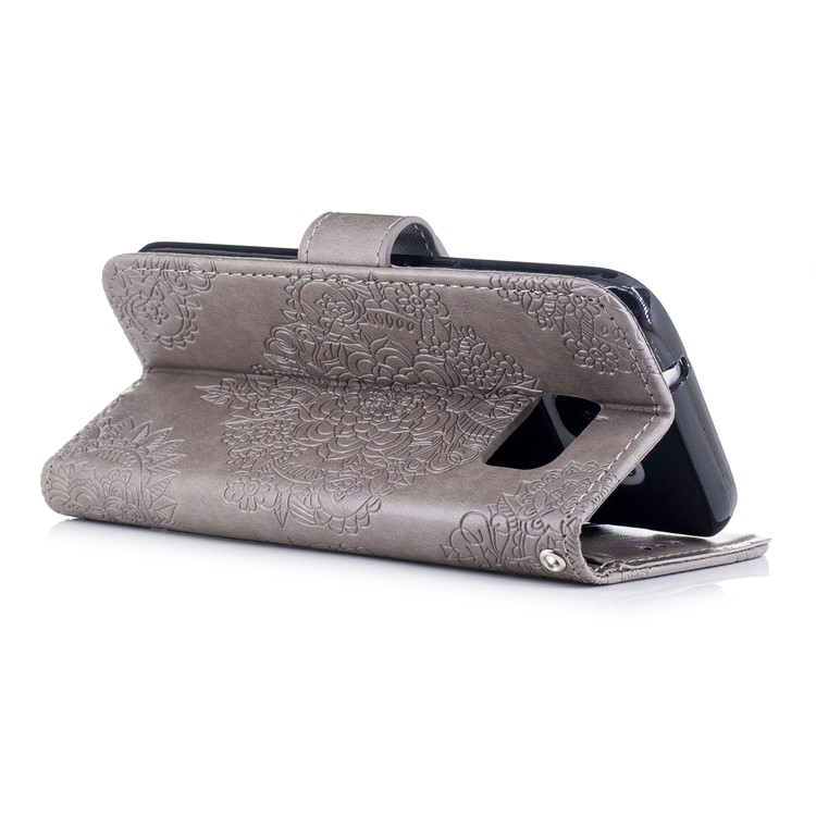 Imprint Flower Pattern Leather Wallet Phone Cover for Samsung Galaxy S7 G930 - Grey-3
