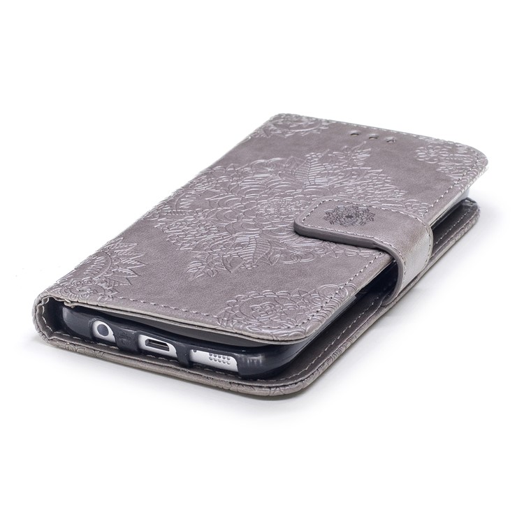 Imprint Flower Pattern Leather Wallet Phone Cover for Samsung Galaxy S7 G930 - Grey-5
