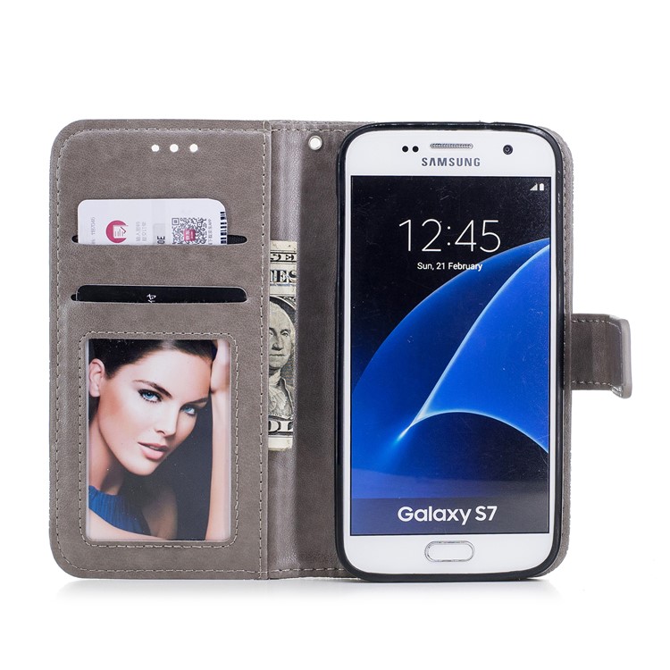 Imprint Flower Pattern Leather Wallet Phone Cover for Samsung Galaxy S7 G930 - Grey-7