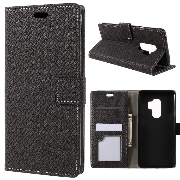 Woven Grain Leather Wallet Phone Case for Samsung Galaxy S9+ - Black-1