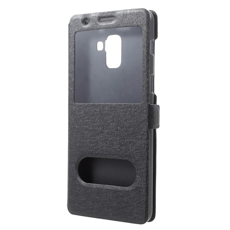 Silk Texture Dual Window PU Leather Cover for Samsung Galaxy A8+ (2018) - Black-3