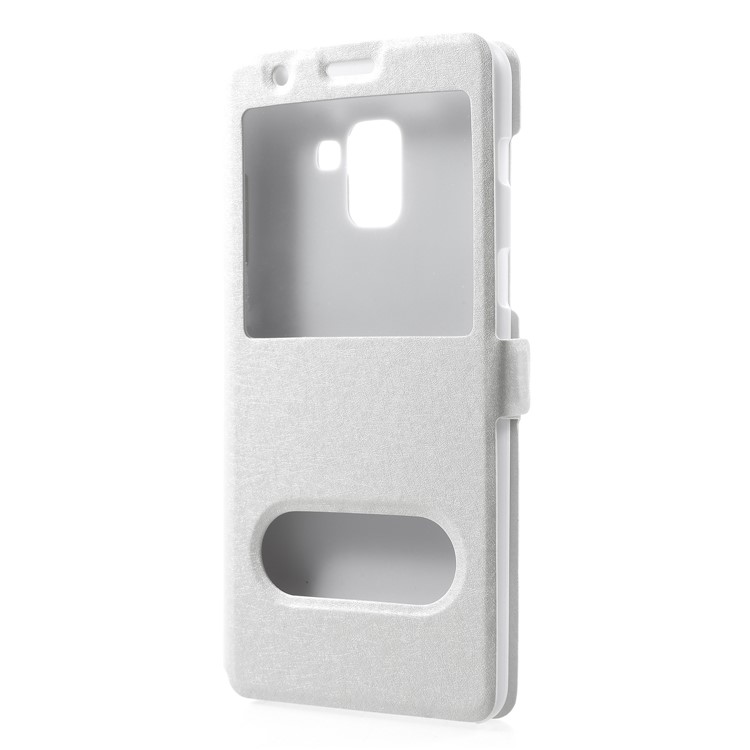 Silk Texture Dual Window PU Leather Shell with Stand for Samsung Galaxy A8 Plus (2018) - White-3