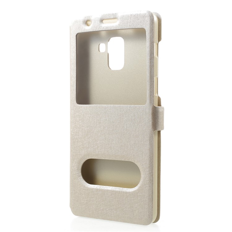 Silk Texture Dual Window PU Leather Protection Phone Case for Samsung Galaxy A8 Plus (2018) - Gold-3