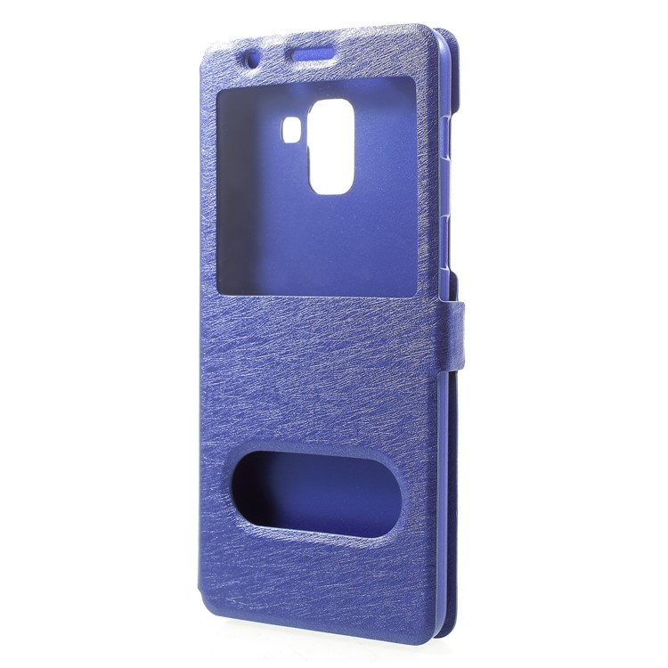 Silk Texture Dual Window Stand Leather Protective Phone Cover for Samsung Galaxy A8 Plus (2018) - Blue-3