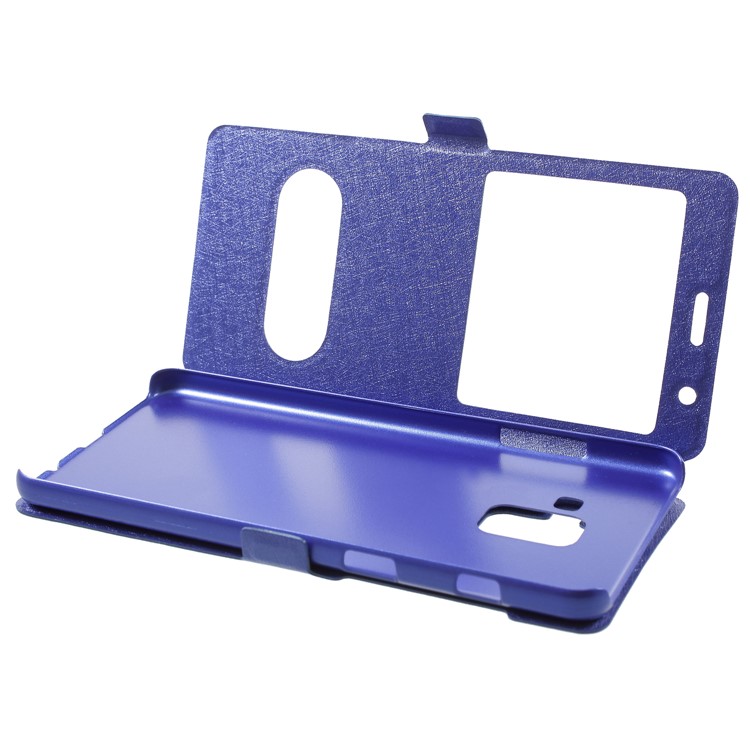 Silk Texture Dual Window Stand Leather Protective Phone Cover for Samsung Galaxy A8 Plus (2018) - Blue-5