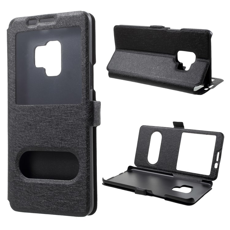 Silk Texture Dual Window Leather Phone Casing for Samsung Galaxy S9 - Black-1