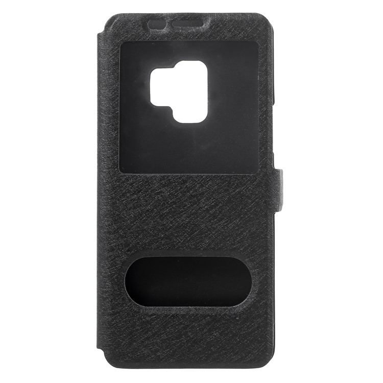 Silk Texture Dual Window Leather Phone Casing for Samsung Galaxy S9 - Black-3
