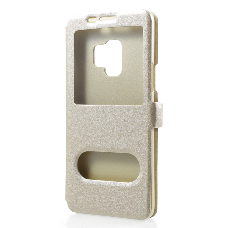 Silk Texture Dual Window Leather Phone Cover for Samsung Galaxy S9 G960 - Gold-3