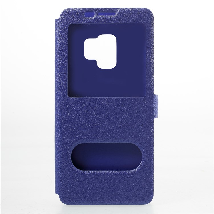 Silk Texture Dual Window Leather Phone Accessory Shell for Samsung Galaxy S9 - Blue-1