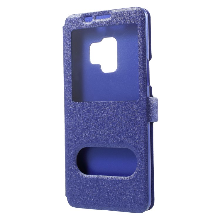 Silk Texture Dual Window Leather Phone Accessory Shell for Samsung Galaxy S9 - Blue-3