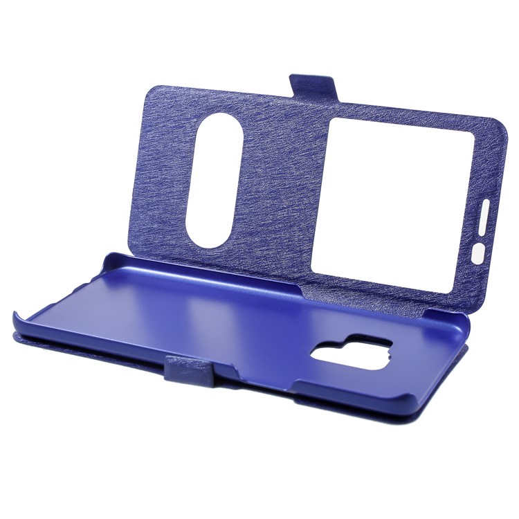 Silk Texture Dual Window Leather Phone Accessory Shell for Samsung Galaxy S9 - Blue-5