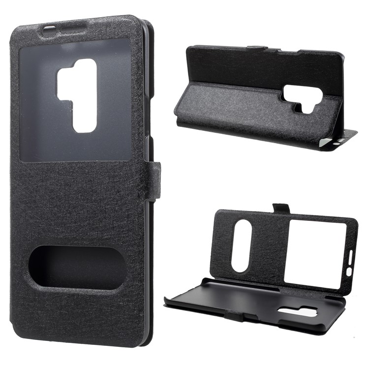 Silk Texture Dual Window Leather Cell Phone Casing for Samsung Galaxy S9 Plus - Black-1
