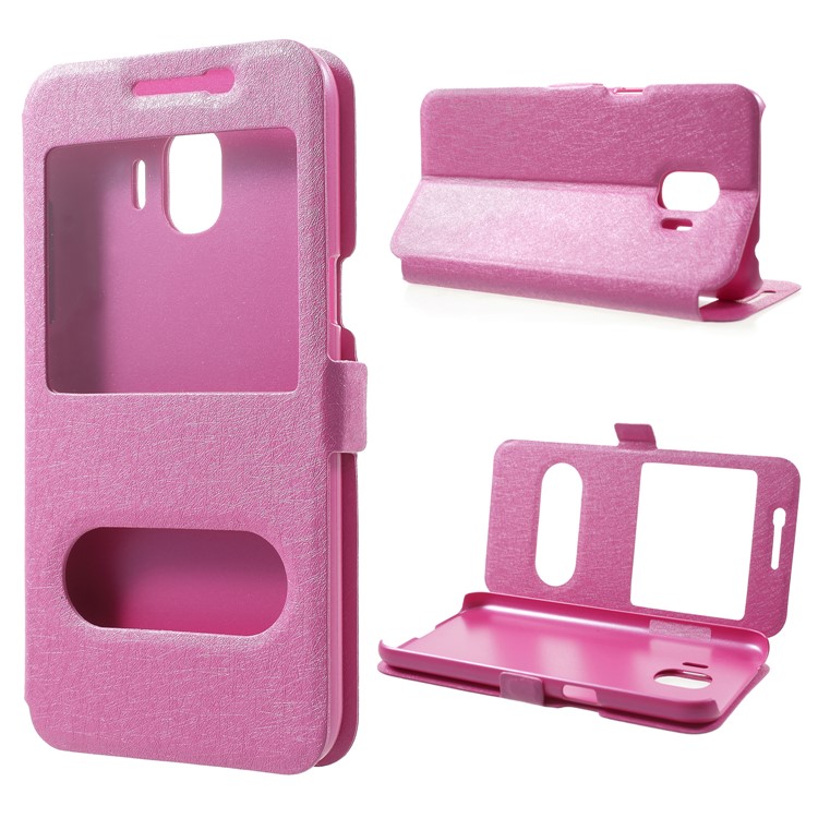 Silk Texture Dual Window PU Leather Case with Stand for Samsung Galaxy J2 Pro 2018 - Rose-1