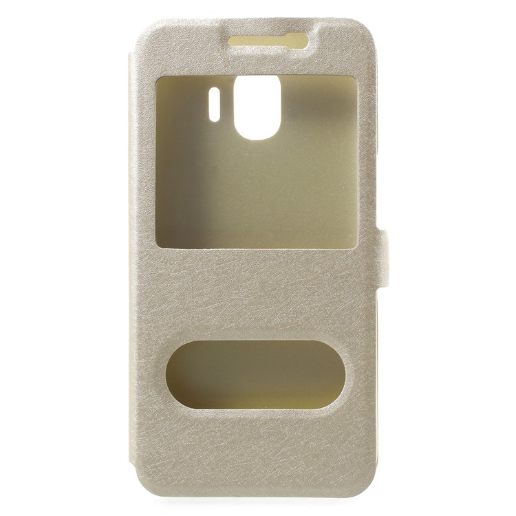 Silk Texture Dual Window PU Leather Stand Cell Phone Cover for Samsung Galaxy J2 Pro 2018 - Gold-1