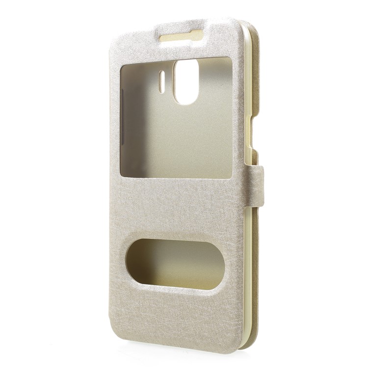 Silk Texture Dual Window PU Leather Stand Cell Phone Cover for Samsung Galaxy J2 Pro 2018 - Gold-3
