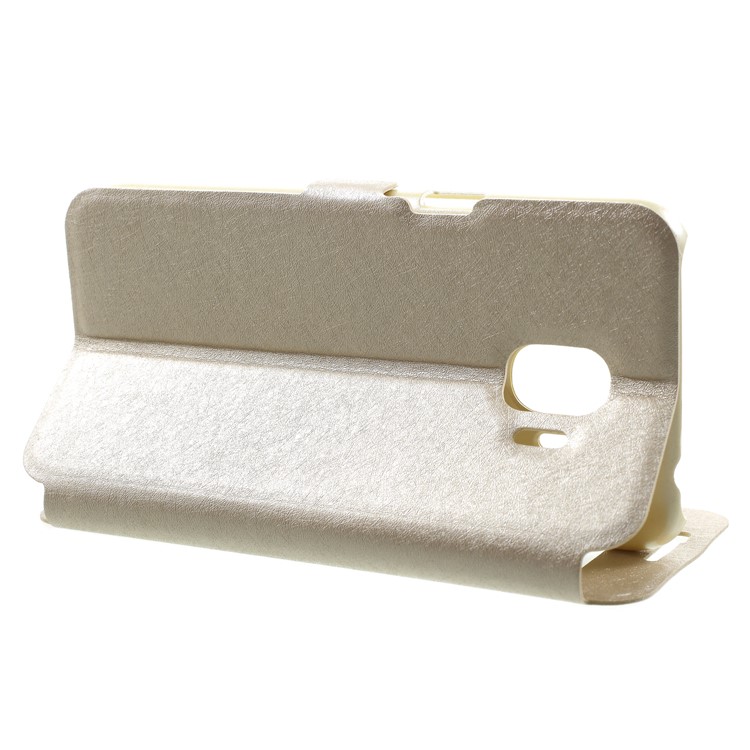 Silk Texture Dual Window PU Leather Stand Cell Phone Cover for Samsung Galaxy J2 Pro 2018 - Gold-4