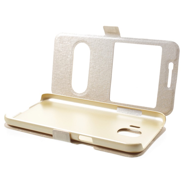 Silk Texture Dual Window PU Leather Stand Cell Phone Cover for Samsung Galaxy J2 Pro 2018 - Gold-5