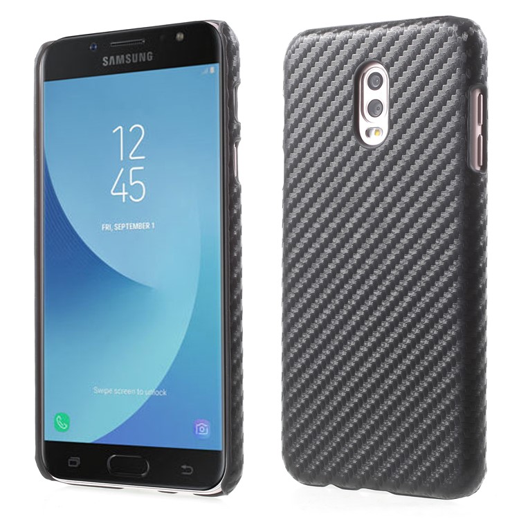 Leather Coated Plastic Hard Phone Case for Samsung Galaxy J7+ / C8 - Carbon Fiber Texture / Black-1