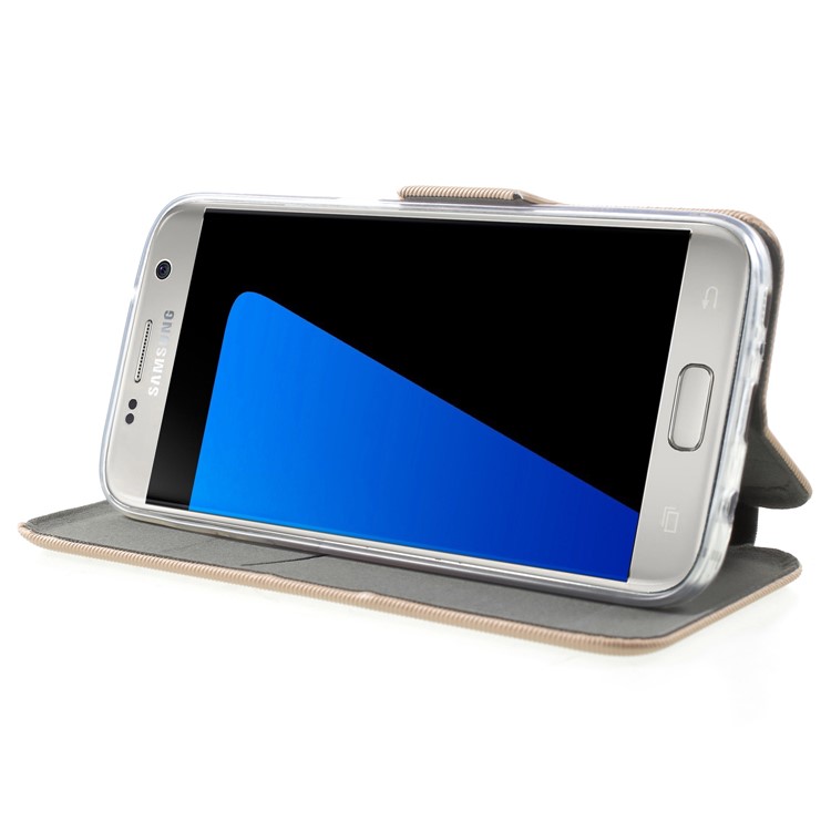 Twill Grain Leather Card Holder Stand Phone Accessory Cover for Samsung Galaxy S7 SM-G930 - Gold-4
