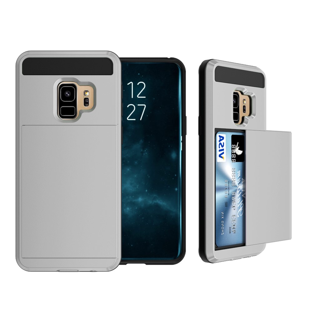 Sliding Card Holder PC + TPU Hybrid Cell Phone Case for Samsung Galaxy S9 G960 - Grey-1