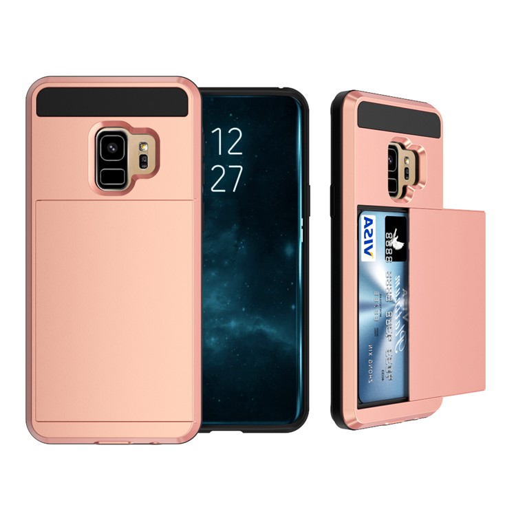 Sliding Card Holder PC + TPU Hybrid Mobile Phone Cover for Samsung Galaxy S9 - Rose Gold-1