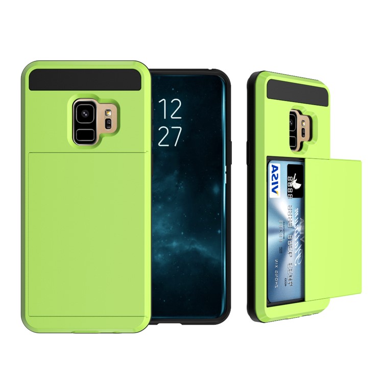 Sliding Card Holder PC + TPU Hybrid Mobile Shell for Samsung Galaxy S9 - Yellowgreen-1