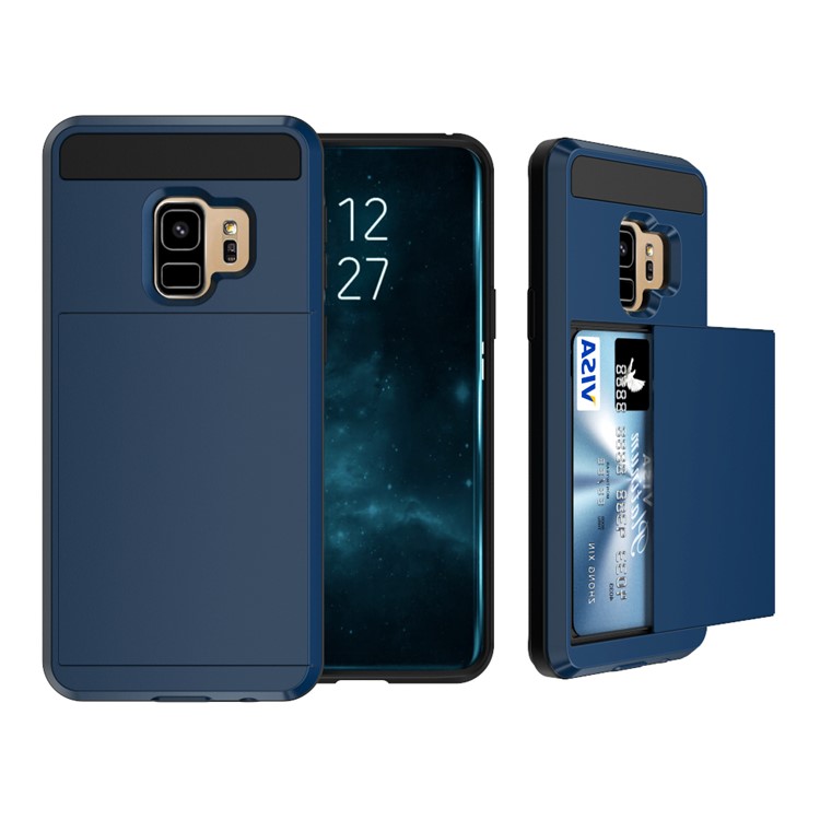 Sliding Card Holder PC + TPU Combo Cover Case for Samsung Galaxy S9 G960 - Dark Blue-1