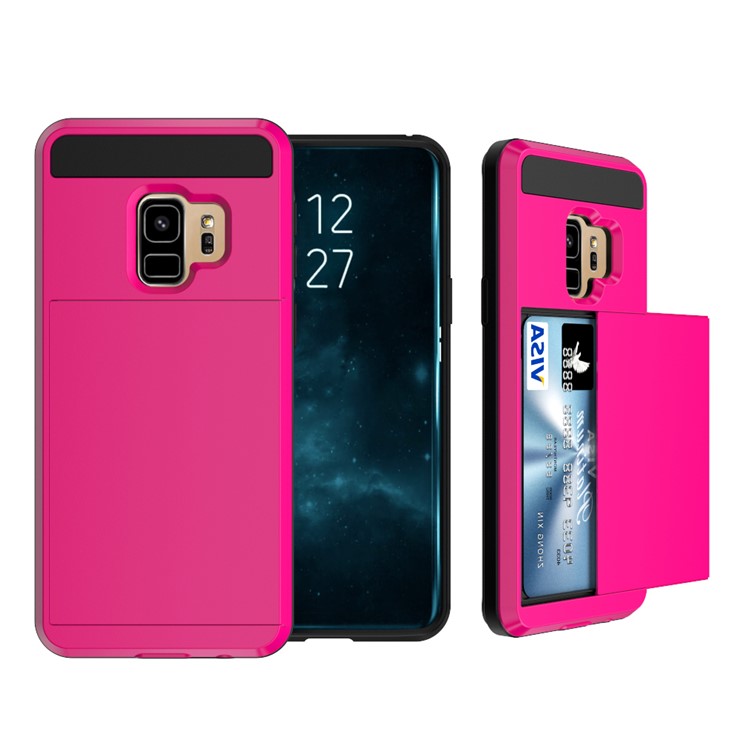 For Samsung Galaxy S9+ G965 Slide Card Holder PC + TPU Hybrid Cell Phone Cover - Rose-1
