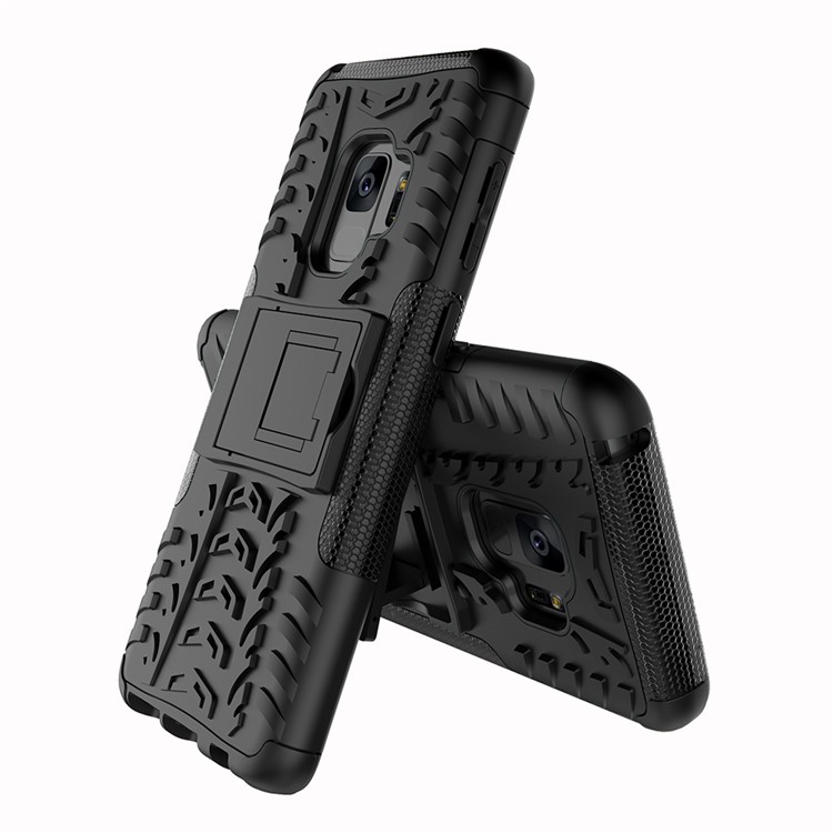 Pattern Pneumatico Anti-slip PC + Custodia Ibrida TPU Con Cavalletto Per Samsung Galaxy S9 Plus G965 - Nero