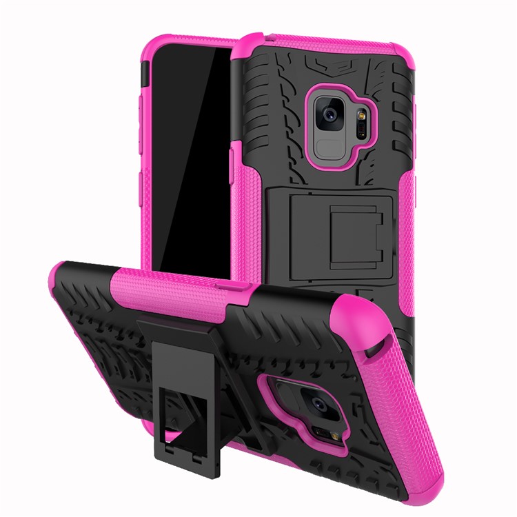 Anti-slip Kickstand Tyre Pattern PC + TPU Hybrid Phone Case for Samsung Galaxy S9 Plus G965 - Rose-1