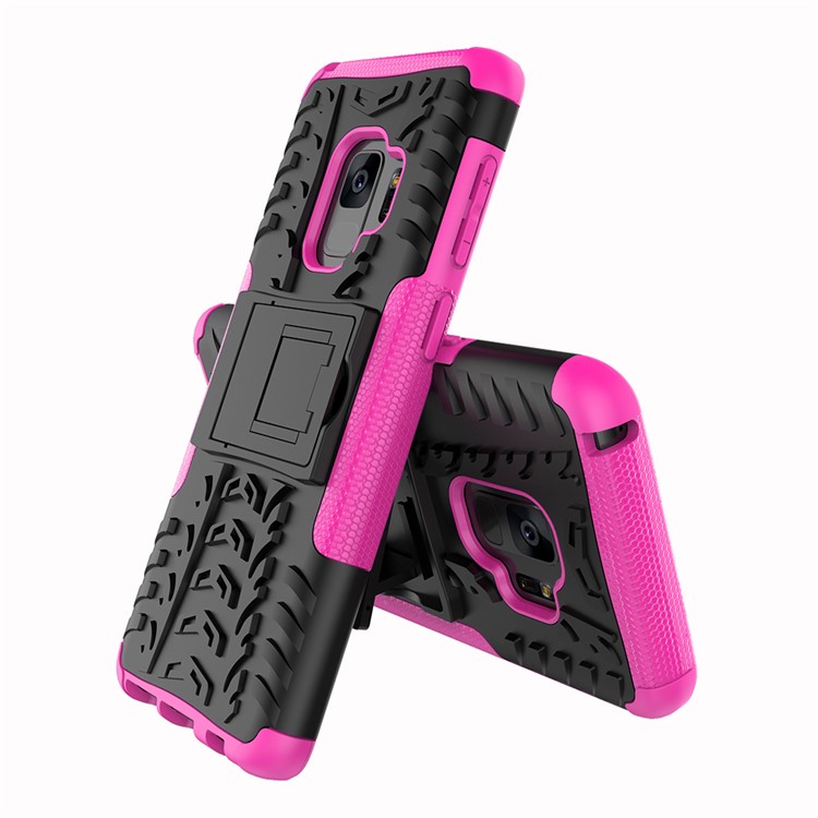 Anti-slip Kickstand Tyre Pattern PC + TPU Hybrid Phone Case for Samsung Galaxy S9 Plus G965 - Rose-2
