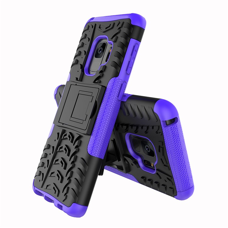 Anti-slip Tyre Pattern PC + TPU Hybrid Mobile Cover Shell with Kickstand for Samsung Galaxy S9 Plus G965 - Purple-2