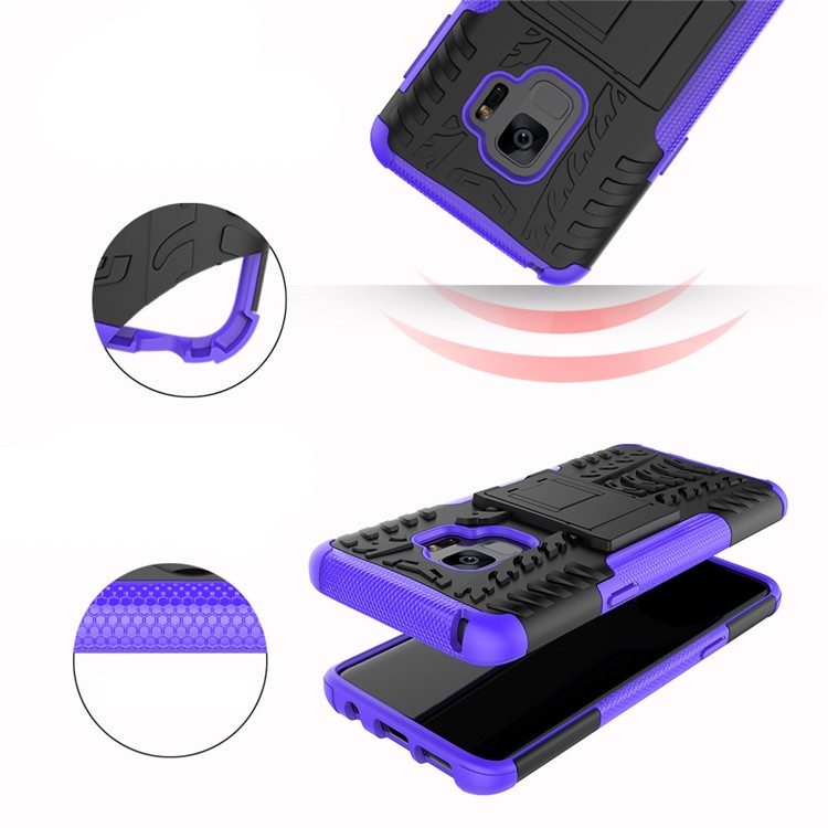 Anti-slip Tyre Pattern PC + TPU Hybrid Mobile Cover Shell with Kickstand for Samsung Galaxy S9 Plus G965 - Purple-3