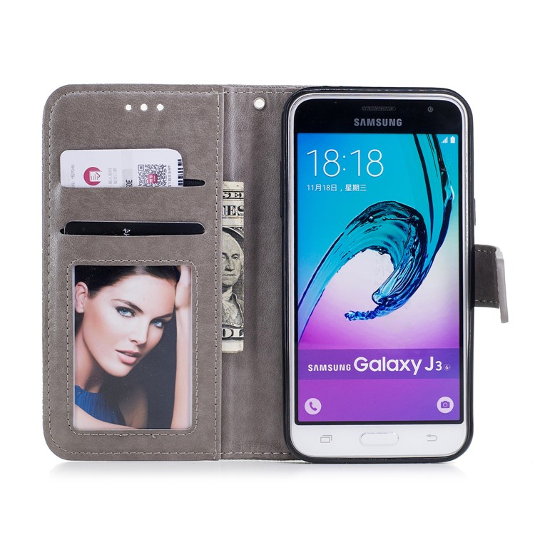 Imprint Flower Pattern Leather Wallet Case for Samsung Galaxy J3 (2016) - Grey-7