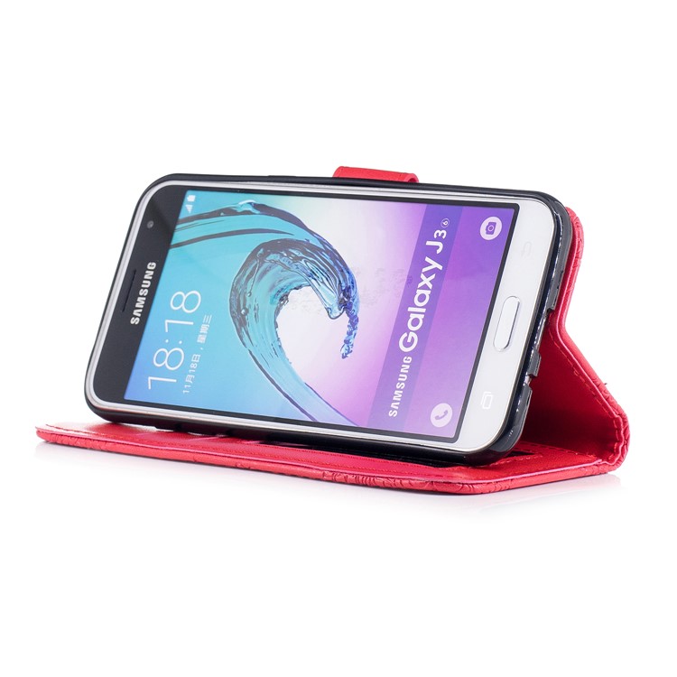 Imprint Flower Pattern Leather Wallet Cover for Samsung Galaxy J3 (2016) - Red-4