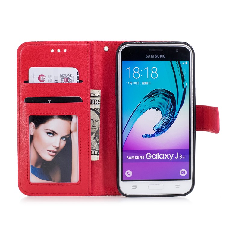 Imprint Flower Pattern Leather Wallet Cover for Samsung Galaxy J3 (2016) - Red-7