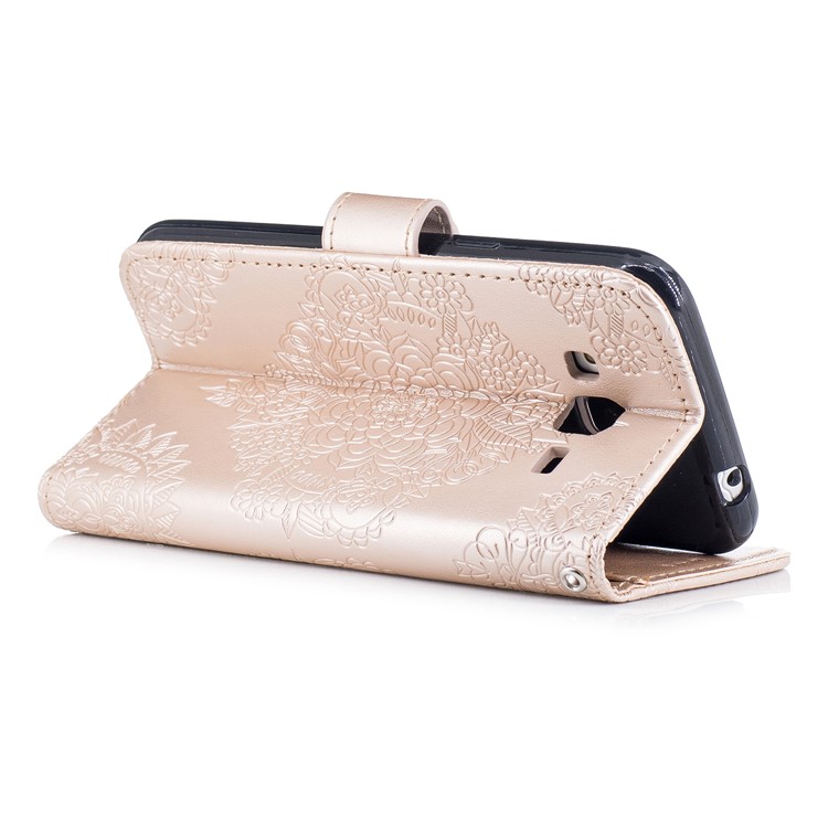 Imprint Flower Pattern Stand Leather Wallet Phone Case for Samsung Galaxy J3 (2016) - Gold-3