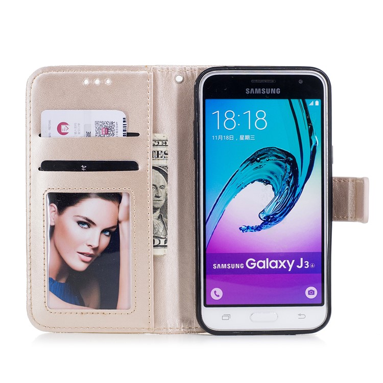 Imprint Flower Pattern Stand Leather Wallet Phone Case for Samsung Galaxy J3 (2016) - Gold-7