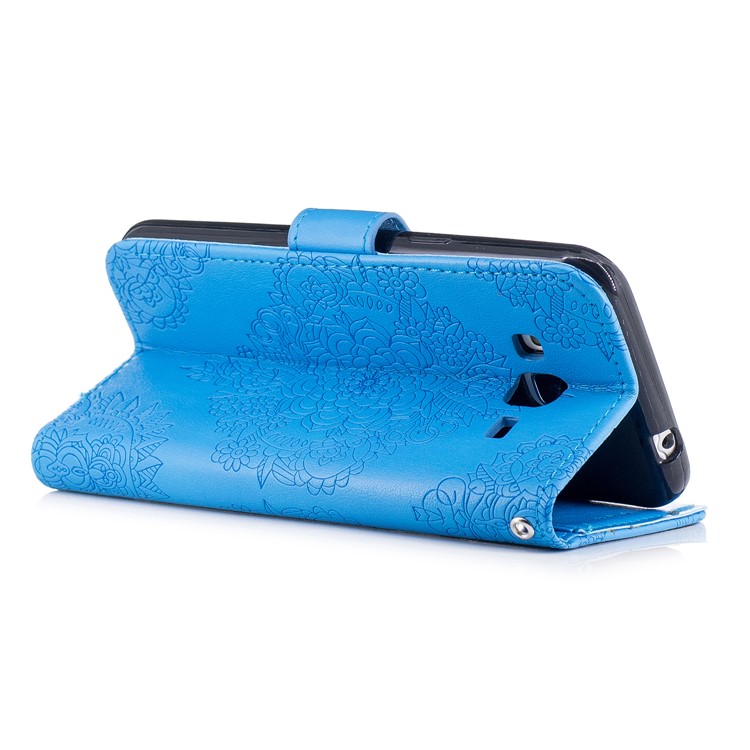 Imprint Flower Pattern PU Leather Wallet Stand Phone Cover for Samsung Galaxy J3 (2016) - Blue-3