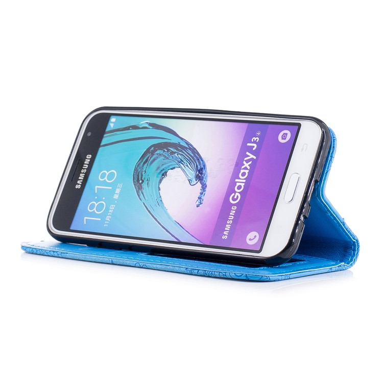 Imprint Flower Pattern PU Leather Wallet Stand Phone Cover for Samsung Galaxy J3 (2016) - Blue-4
