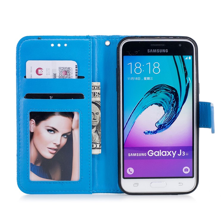 Imprint Flower Pattern PU Leather Wallet Stand Phone Cover for Samsung Galaxy J3 (2016) - Blue-7