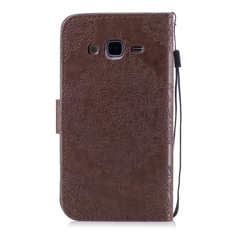 Imprint Flower Pattern Leather Wallet Phone Shell with Stand for Samsung Galaxy J3 (2016) - Coffee-2
