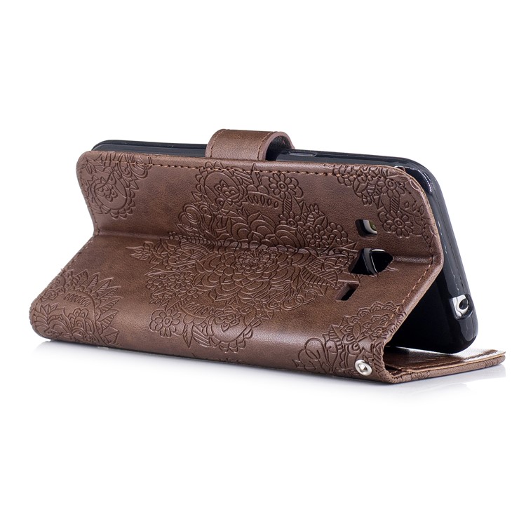 Imprint Flower Pattern Leather Wallet Phone Shell with Stand for Samsung Galaxy J3 (2016) - Coffee-3