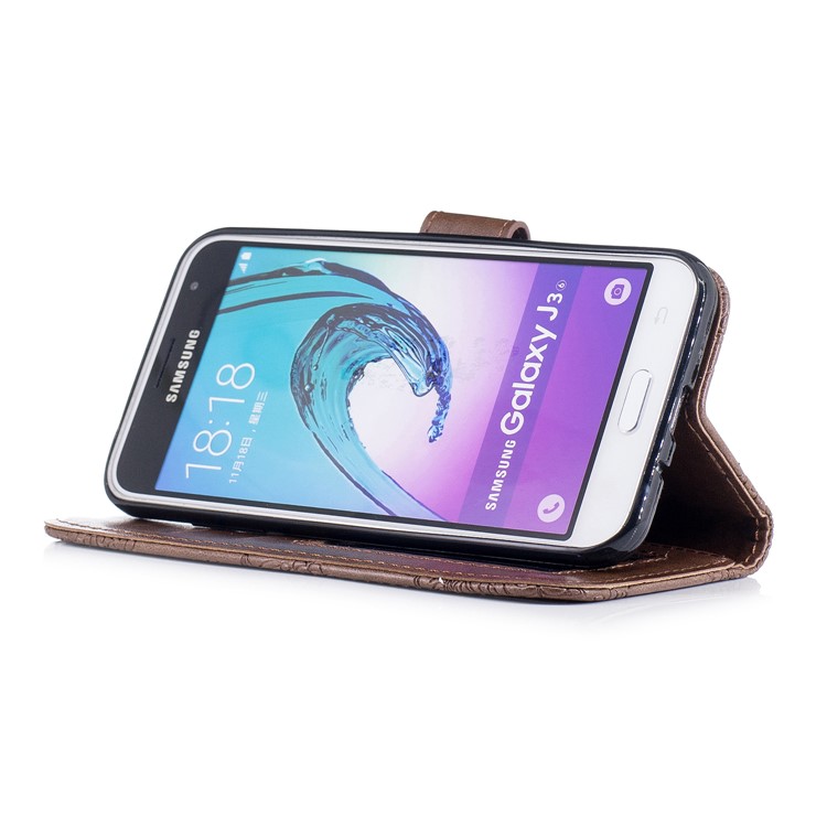 Imprint Flower Pattern Leather Wallet Phone Shell with Stand for Samsung Galaxy J3 (2016) - Coffee-4
