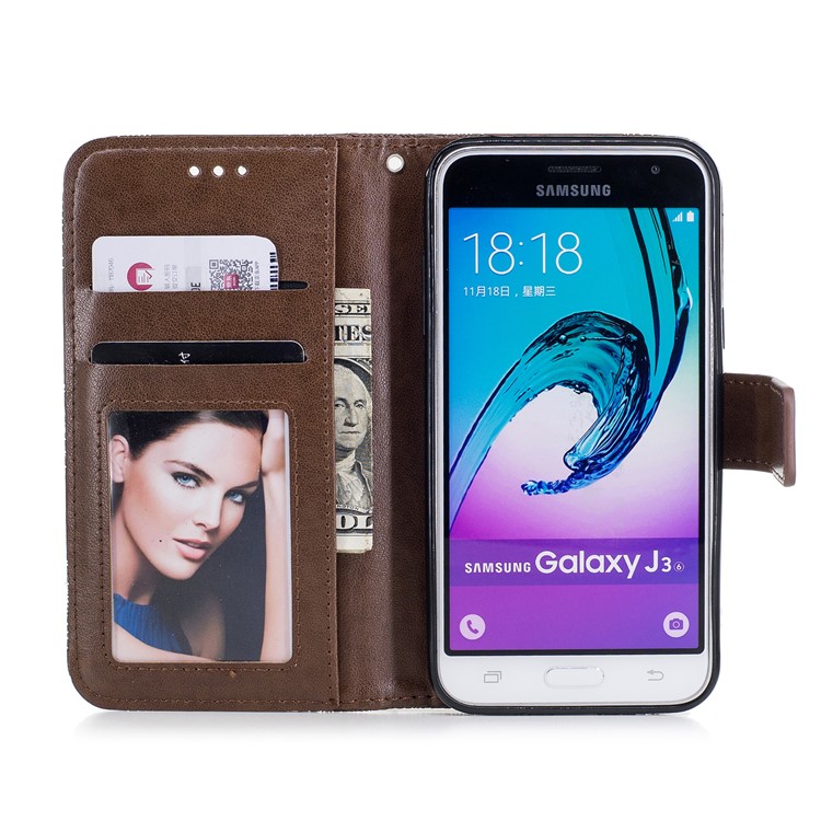 Imprint Flower Pattern Leather Wallet Phone Shell with Stand for Samsung Galaxy J3 (2016) - Coffee-7